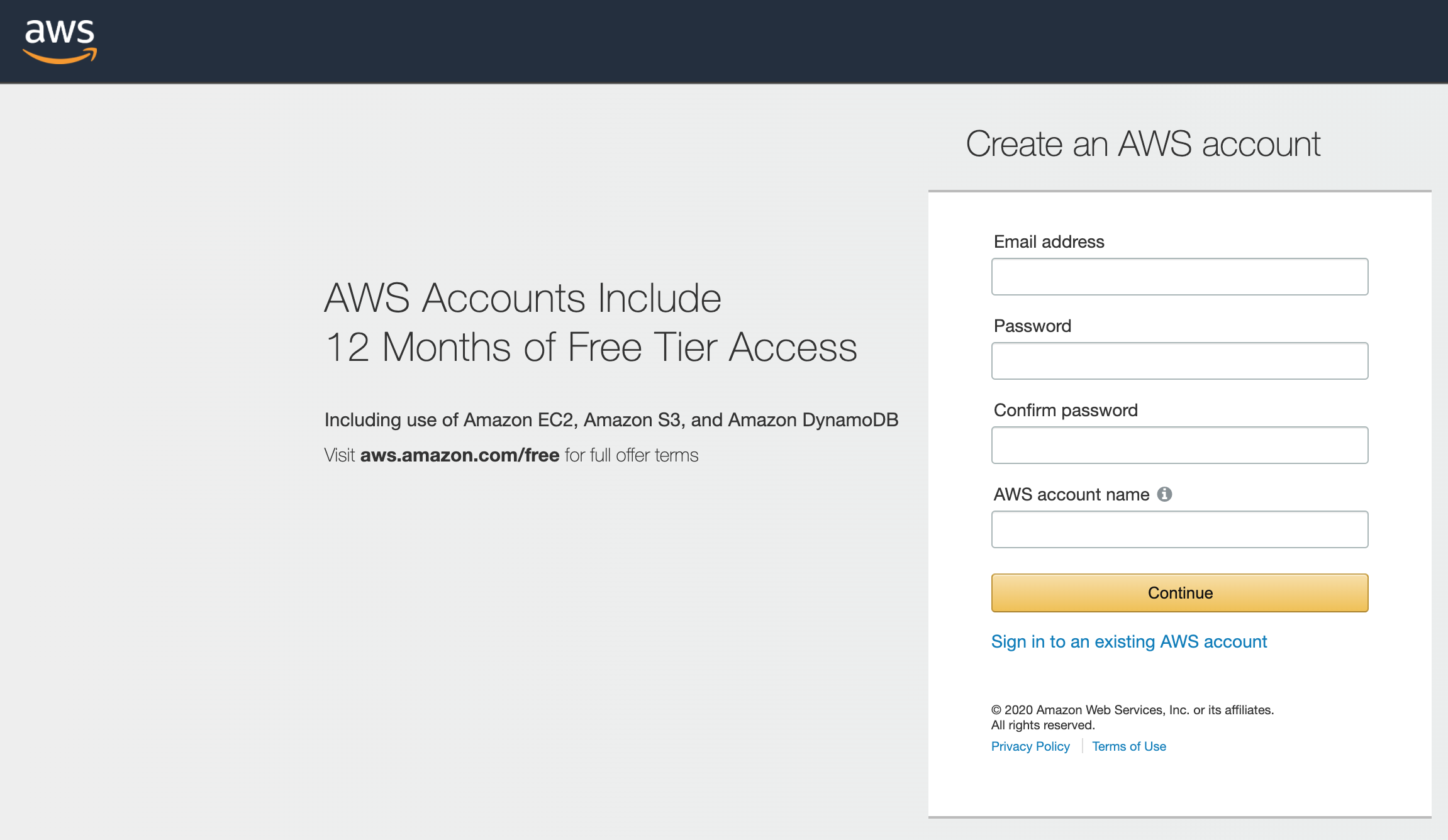 AWS Registration  page